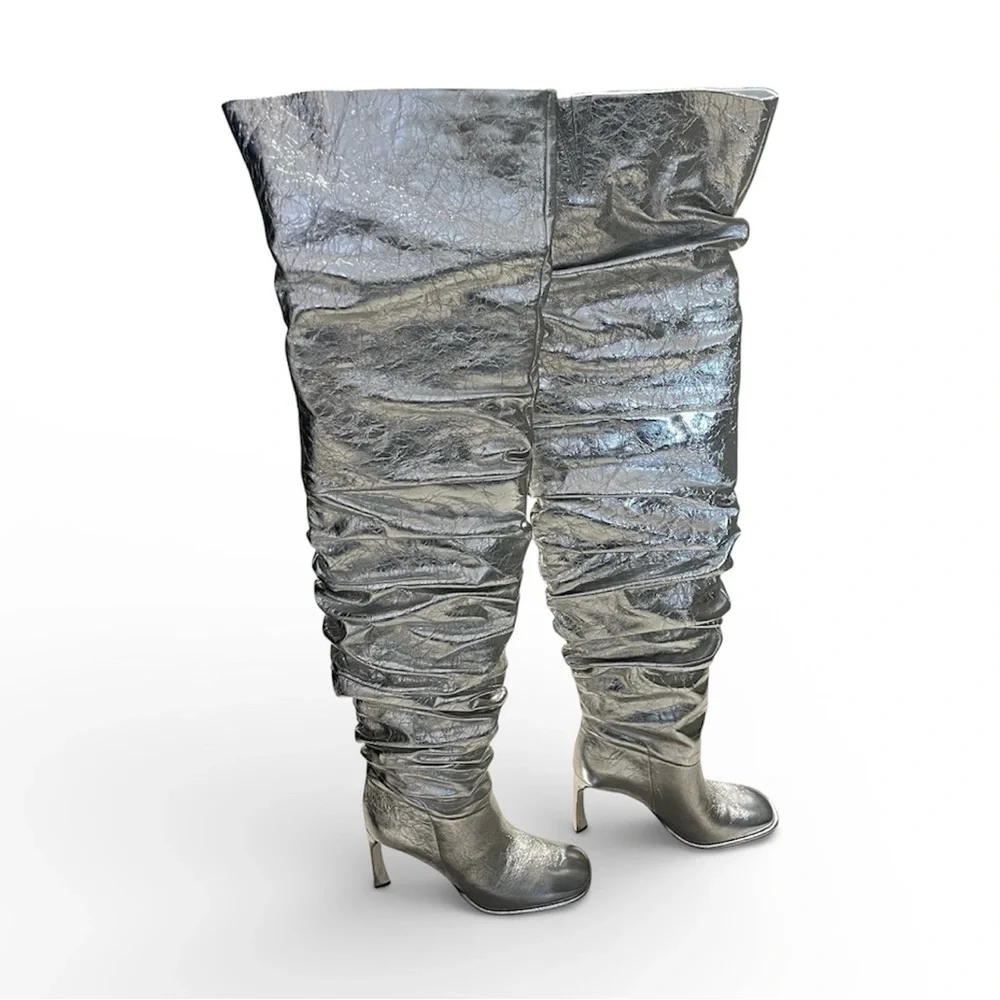 Michael Kors Kelsea Silver Leather Metallic Crush Slouchy Thigh High Boot 8 - Picture 2 of 11